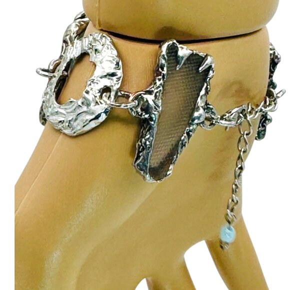 Sea Glass & Silver Cutout Boho Artisan Metalwork Bracelet w/ Adjustable Closure - Picture 11 of 16